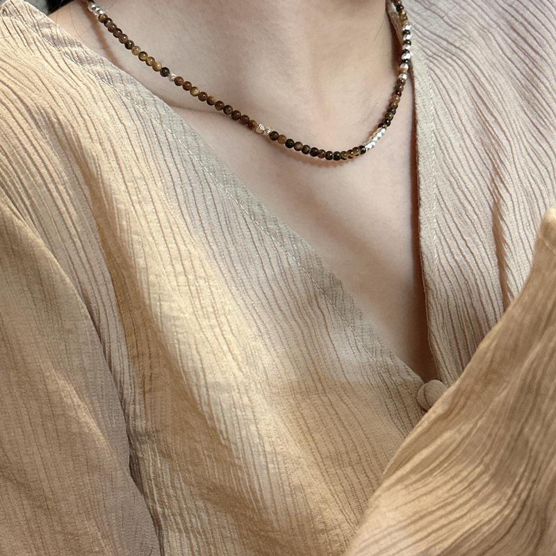 S925 Sterling Silver Niche Design Car Flower Glitter Tiger'S Eye Stone Necklace Handmade Beaded Fashionable Collarbone Chain