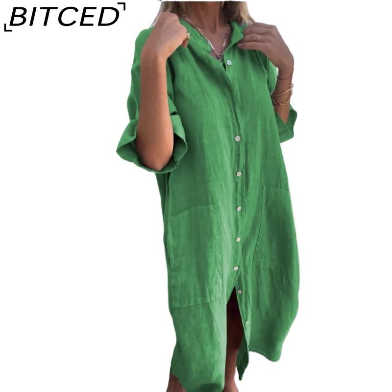 BITCED Women's Fashion Summer Spring Solid Color Print POLO Neck High Waist Casual Dresses