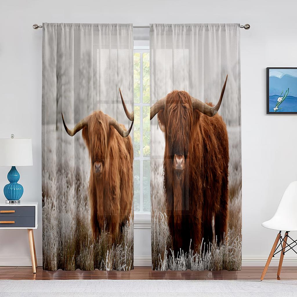 Highland Cow Sheer Voile Curtain Farmhouse Western Cattle Bull Window Tulle Curtains for Living Room Bedroom Kitchen Decoration