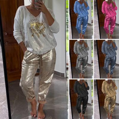 2 Pcs/Set Women T-shirt Pants Set Long Sleeves Bronzing Loose Glossy Top Elastic Waist Side Pockets Trousers Casual Sport Clothes Daily Outfit
