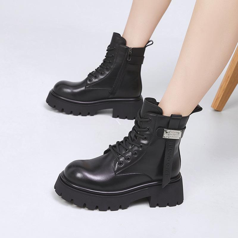 Leather Martin boots women's 2025 winter new thick heel medium tube women's boots thick-soled versatile velvet British style short boots