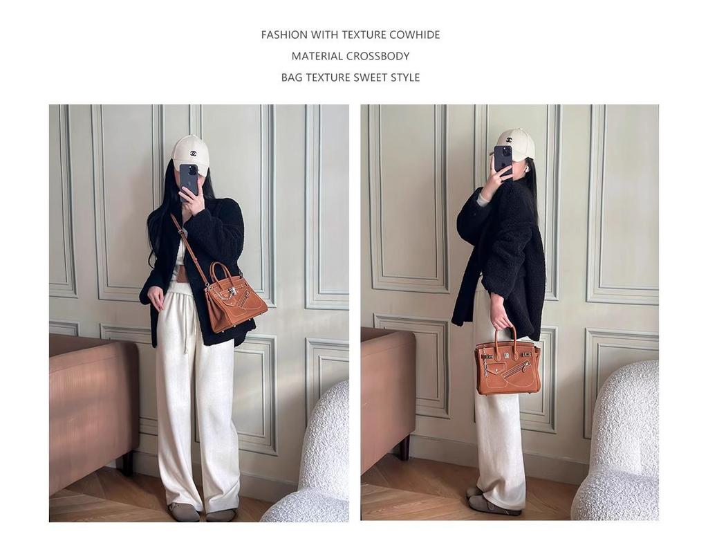 2024 m. retro stiliaus natūralios odos motociklo rankinė moterims – geometrinis raštas su grandinėlės detalėmis