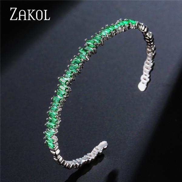 

ZAKOL Fashion Cubic Zirconia Cuff Bangles for Women Trendy Baguette Men Open Bracelet Party Jewelry B154 зелений