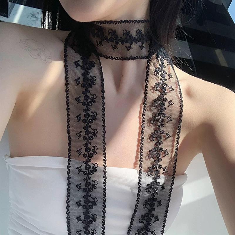 Embroidery Long Ribbon And Belt Accessories French Lace Scarf Summer Hollow Floral Long Ribbon Scarves Hair Tie Snood Headband
