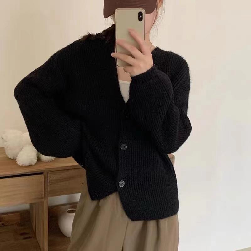 

Осенний ленивый мягкий липкий вязаный кардиган женский свободный V-образный вырез модный свитер женский жакет удобный универсальный и модный XL чёрный