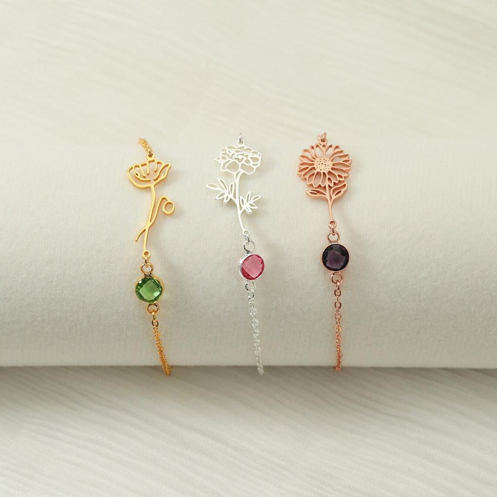 Personalized Birthstone Bracelet Custom Birth Flower Bracelets Dainty Birth Flower Charm for Women,Gifts for Her,Mothers Day