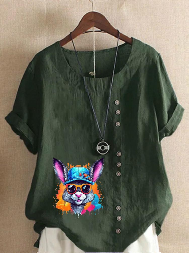 Women's Fashion Colorful Rabbit Print Round Neck Short Sleeve T-shirt Summer Casual Cotton Linen Graphic Shirt Leisure Loose Blouse Tops