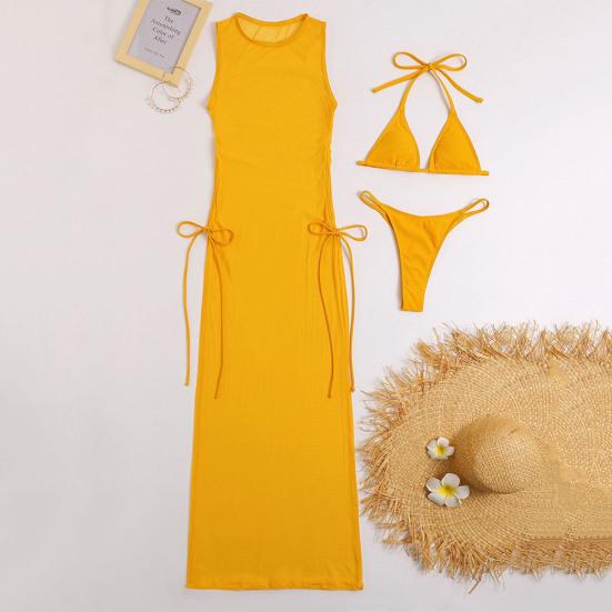 3 Pcs/Set Charming Women Bikini Cover Up Set Long Dress Bathing Sleeveless Quick Dry Summer Holiday Beach Dress Swimsuit Set