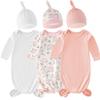 Newborn Sleeping Bag with Hat 100% Cotton Baby Swaddle Pajamas for Boys Girls Solid Color Printed Infant Swaddle Towel 0-12M