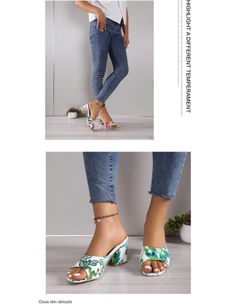 European & American Embroidered Open Toe High Heel Square Toe Sandals - Women's Plus Size, Chunky Heel, One-Strap Fashion Slippers