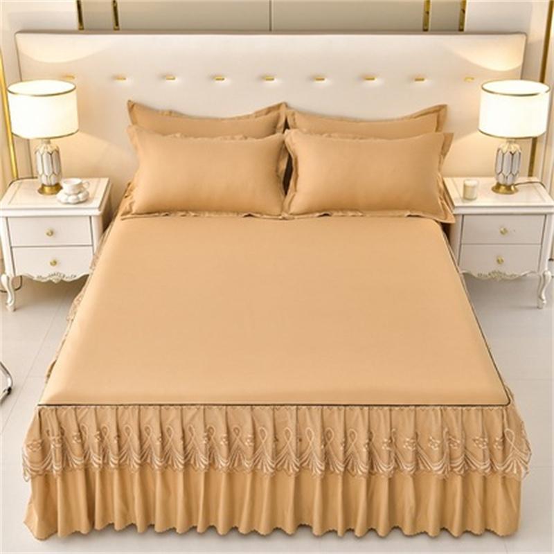 Lace Bed Skirt with Pillowcase Solid Color Bed Cover Skin-friendly Mattress Protector Cover Brushed Bed Linen for Home