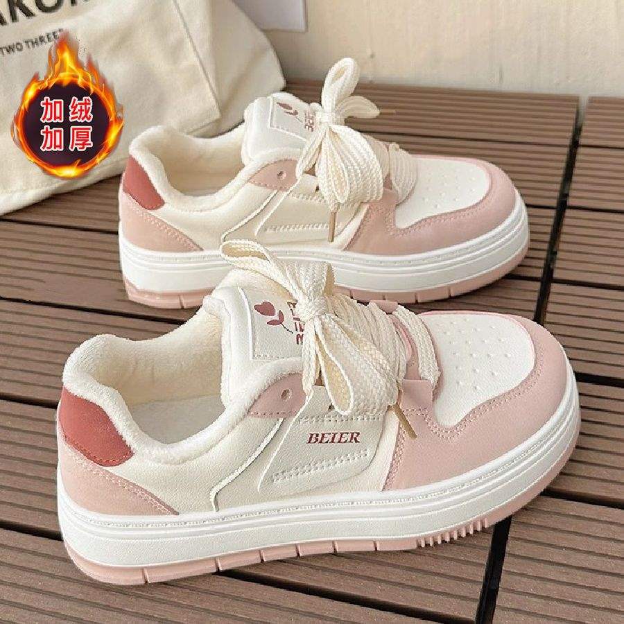 

Флисовые маленькие белые туфли женские 2025 новые зимние корейская версия теплые две хлопковые туфли универсальные платформа повседневные кеды детские 40 розовый