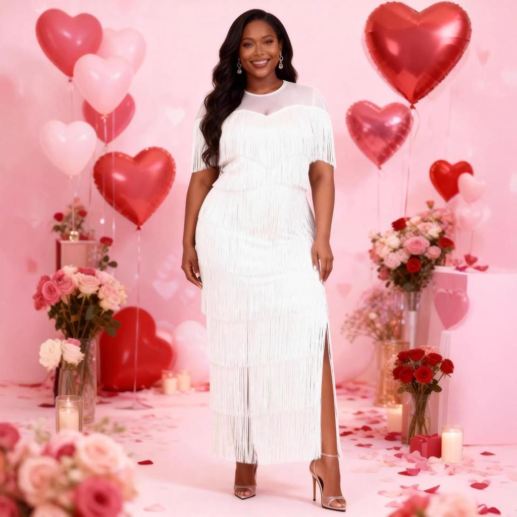 Falda Transparente con Borlas y Abertura Lateral de Cuello Redondo para Mujer Tallas Grandes - Vestido para Fiesta de Vino y Banquete