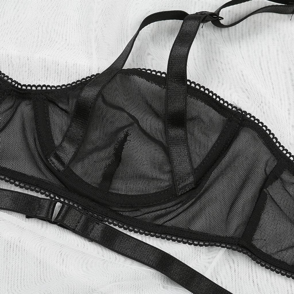 Women's Sheer Mesh Lingerie Set Adjustable Straps Underwire Bra and High Waist Panties with Cutout Design