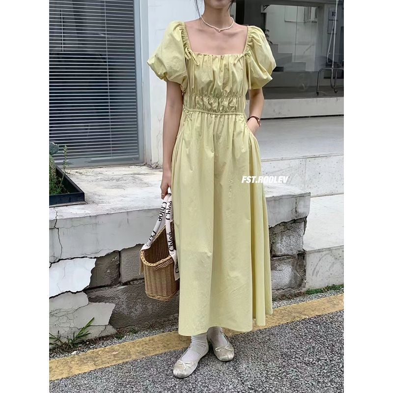 

FST Платье летнее с квадратным вырезом, рукавами-фонариками и высокой талией Baby Brother Green(Instant In Stock) One size