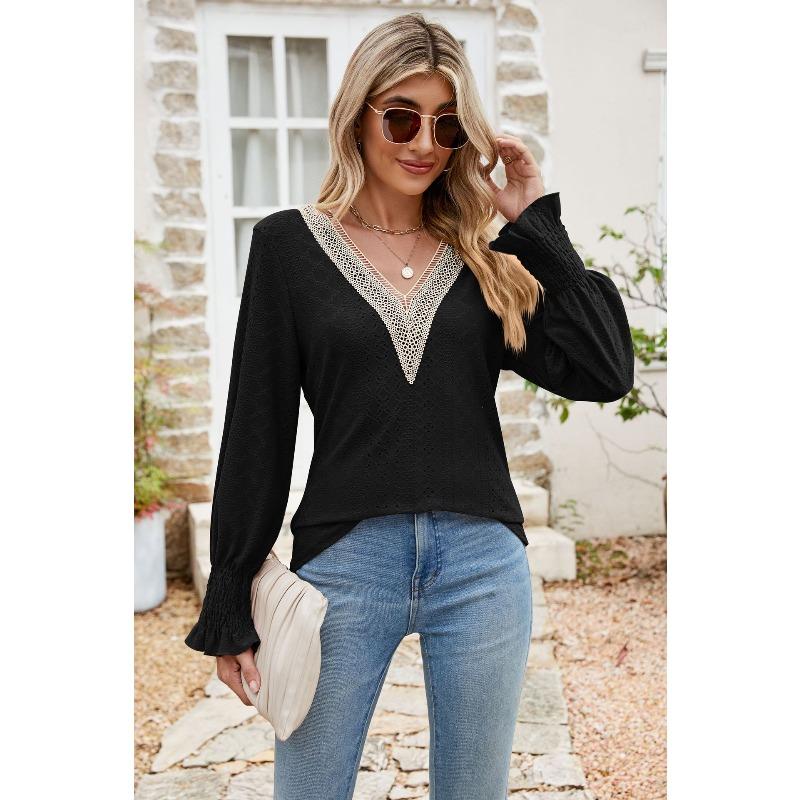 Spring and Autumn Women's T-shirt Tops Jacquard Chiffon Shirt Lace Stitching Long Sleeve Loose V-neck Blouse for Women