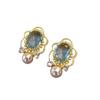 Elegant French Retro Blue Zircon Pearl Stud Earrings for Women