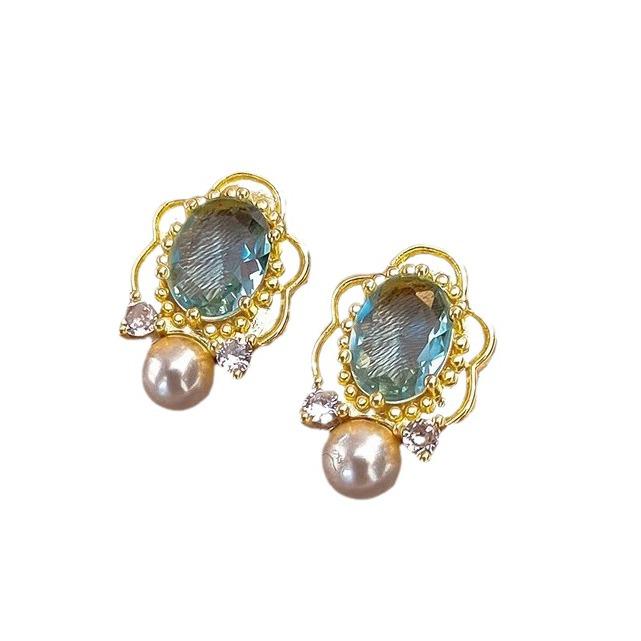 Elegant French Retro Blue Zircon Pearl Stud Earrings for Women