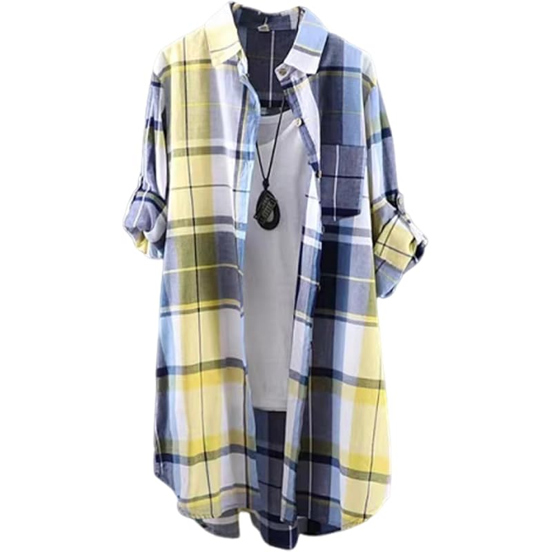 

[J.STORE] check shirt long length casual spring summer Relaxing oversize large size Thin long sleeve ladies yellow 5S-J02-YE2XL