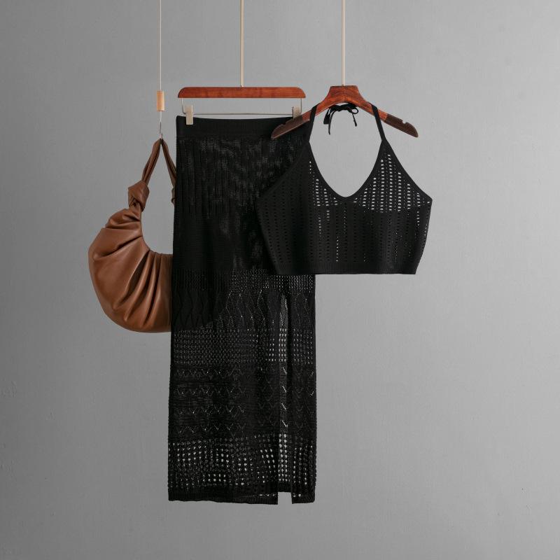 Dámský letní krátký top vesta dvoudílný set s vysokým pasem a zeštíhlujícím efektem, dutý rozparek v pase a sukně obepínající boky