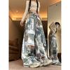 Little Hot Girl High Street Personalized Letter Printed Wide Leg Jeans Women's Autumn High Waist Floor-Mopping Pants
