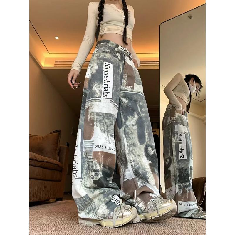 Little Hot Girl High Street Personalized Letter Printed Wide Leg Jeans Women's Autumn High Waist Floor-Mopping Pants
