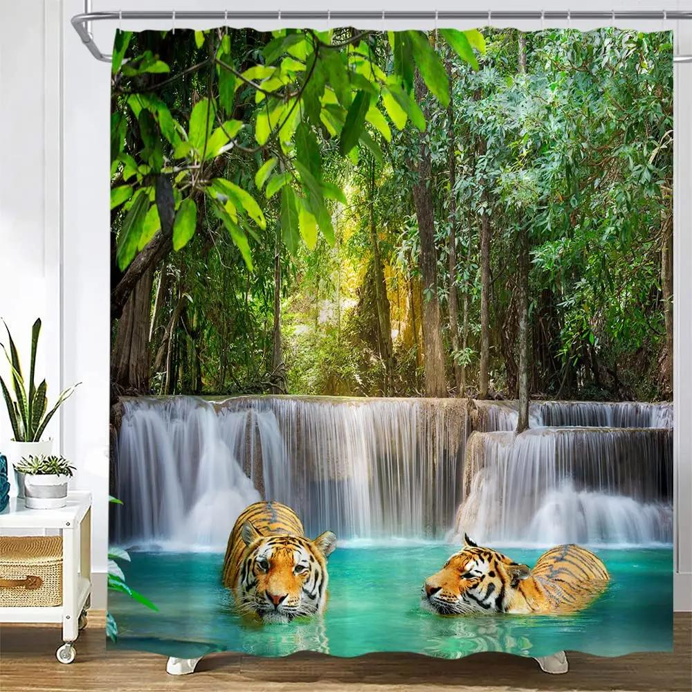 

Rainforest Animal Shower Curtain Tropical Jungle Forest Elephant Lion Flamingo Giraffe Zebra Monkey Wildlife Zoo Batroom Curtain W60H190(CM)-1 Pcs