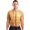 Mens Shiny Sequin Cowboy Vest Tops Open Front Sleeveless Tassels Cardigan