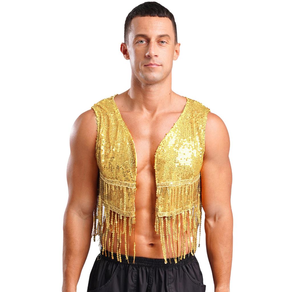 Mens Shiny Sequin Cowboy Vest Tops Open Front Sleeveless Tassels Cardigan