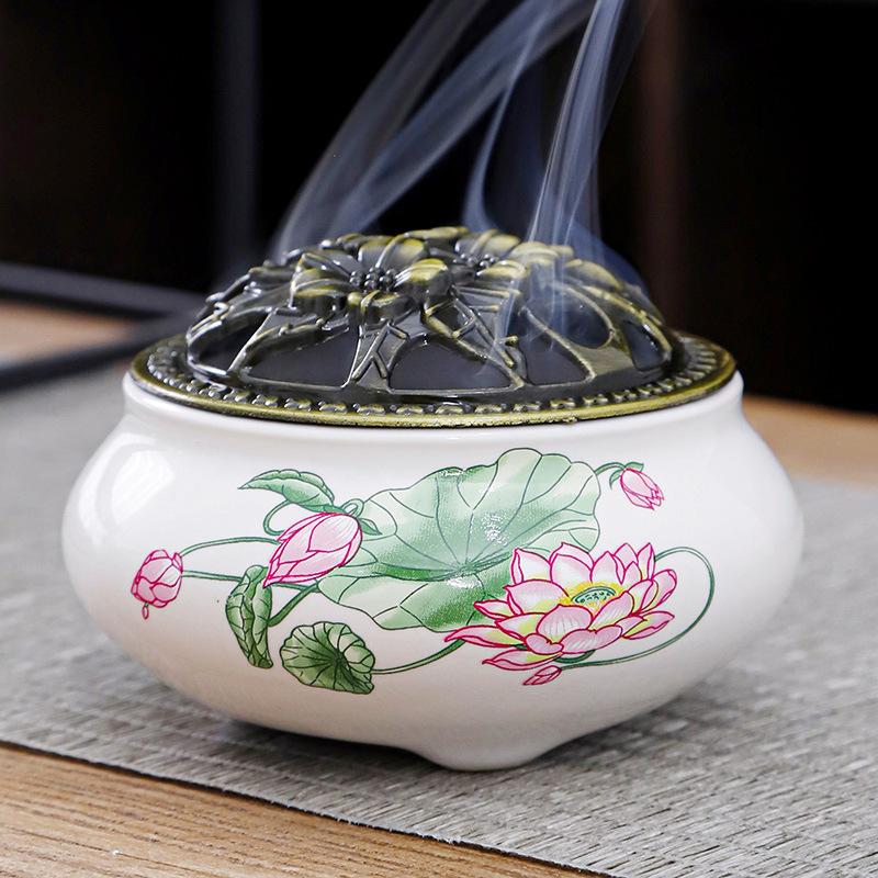 1 pcs Landscape Meditation Lotus Theme Celadon Ceramic Incense Burner Home Furnishings Sandalwood Incense Burner