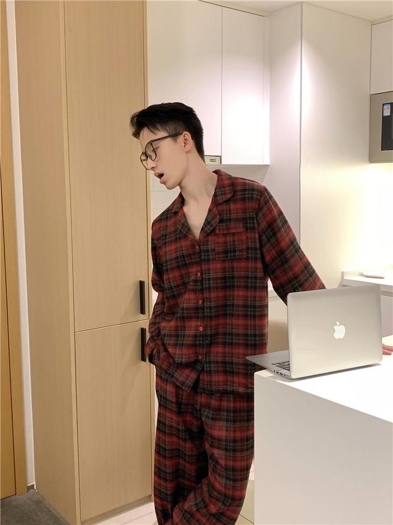 Korean Style Plaid Lace Couple Homewear Set - Autumn/Winter