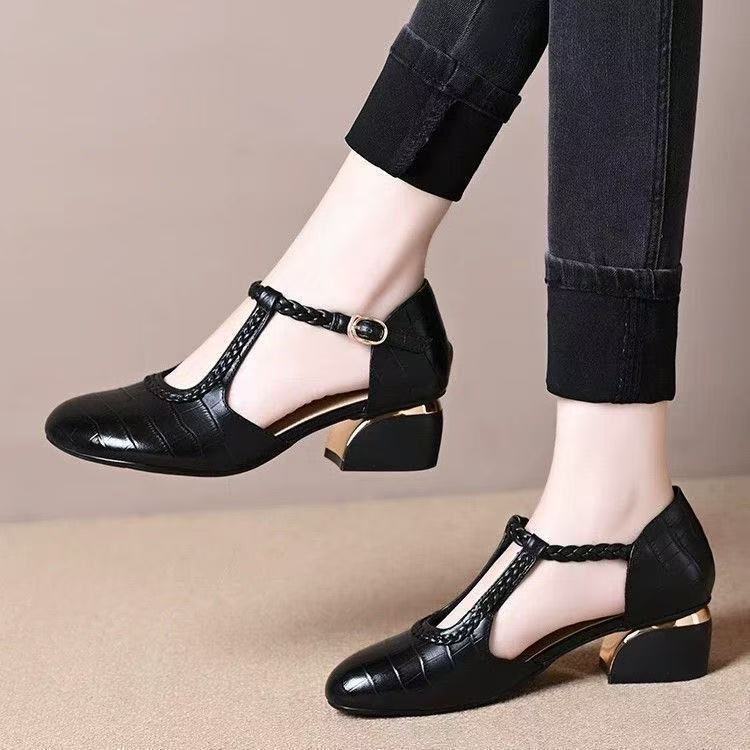 Summer new fashion baotou woven stone pattern thick heel single shoes temperament versatile simple sandals hollow shoes