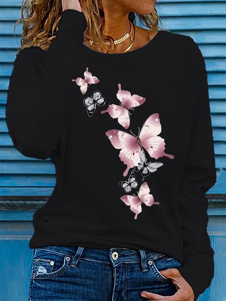 Spring and Autumn Women's 100% Cotton Fashion Casual Loose Butterfly Pattern Print Round Neck Long Sleeve T-shirt Base Shirt