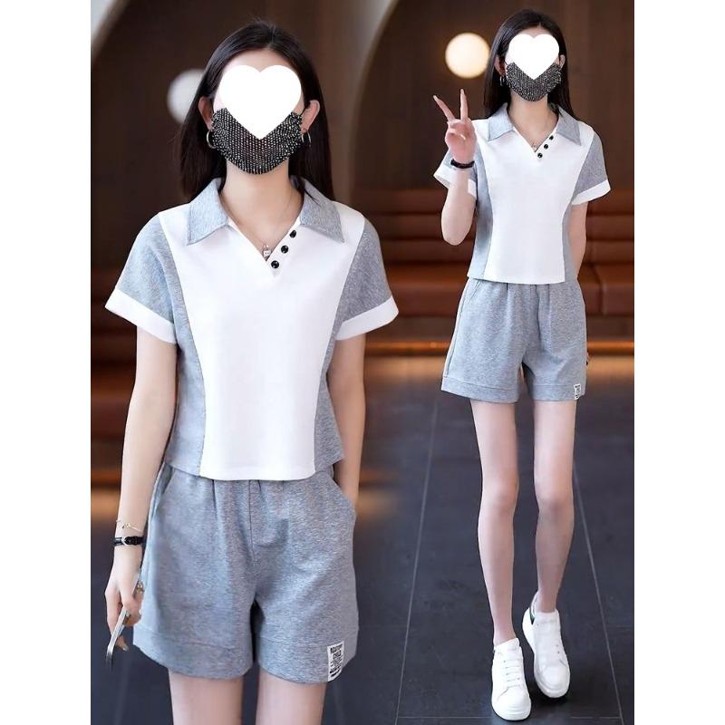 Summer Short-sleeved Shorts Sports Outfit - Stylish and Youthful, with A V-neck Top and A Slimming and Concealing Bottom Set for Women.