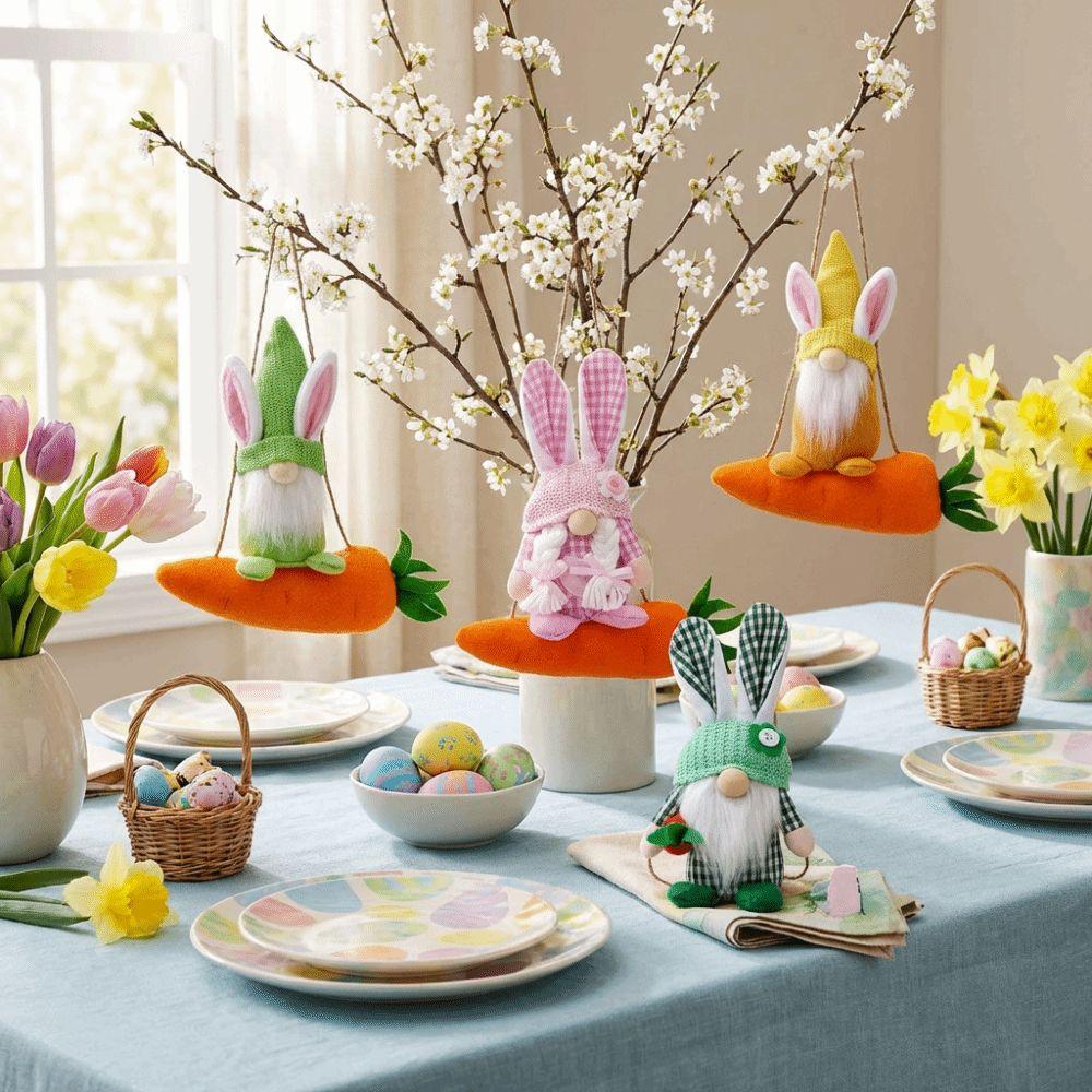 Farmhouse Easter Bunny Pendant Handmade Craft with Rope Faceless Decorative Colorful Rabbit Party Props