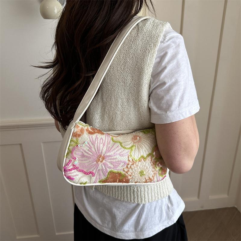 Yogodlns Boho Floral Sequin Shoulder Bag, Women's Vintage Embroidered Hobo Purse Casual Armpit Handbag for Daily Use