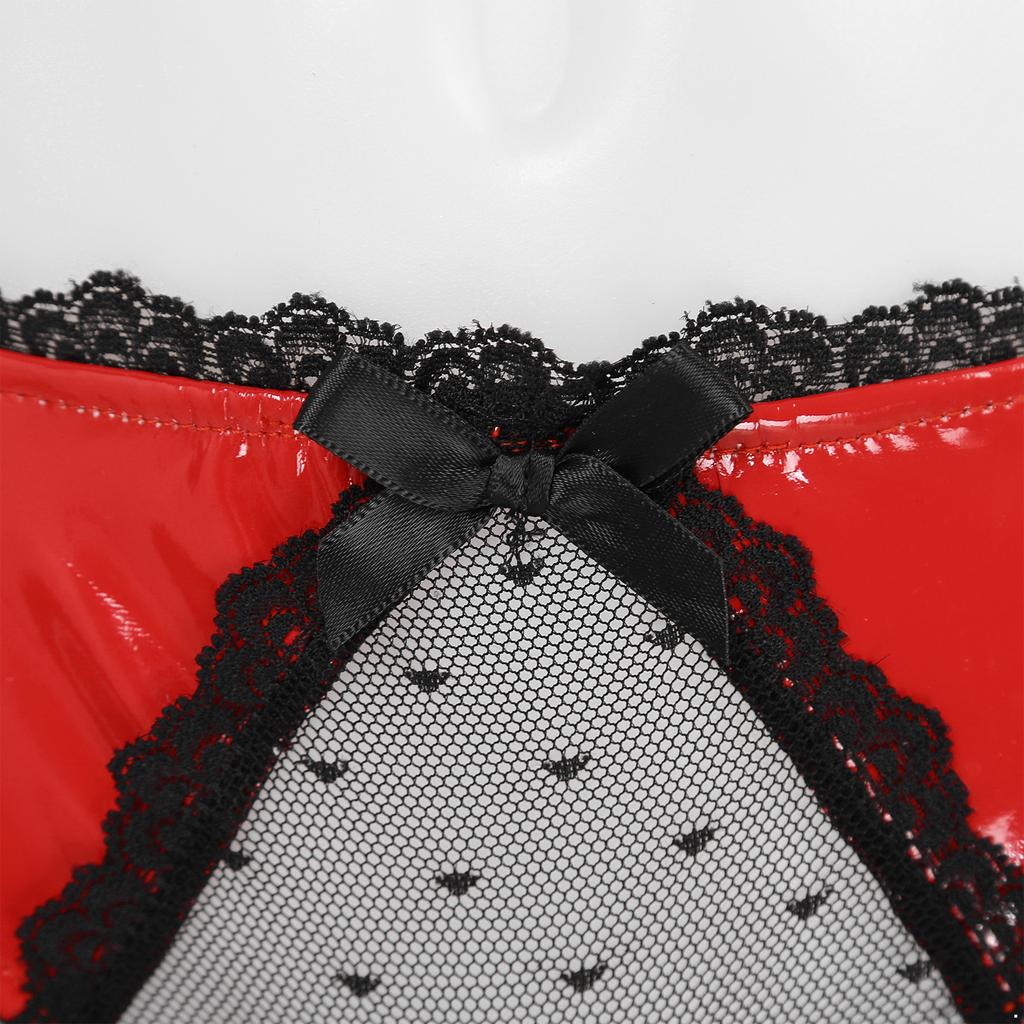 Damskie prześwitujące majtki stringi z koronkowymi wstawkami, błyszczące majtki z lakowanej skóry patentowej z otwartym kroczem i kokardką, niski stan