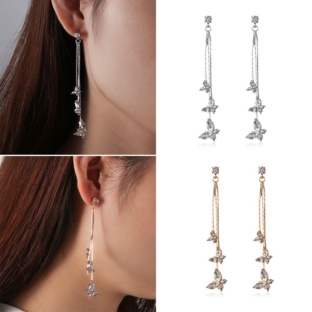 

2 pairs Women Crystal Fashion Lovely Long Tassel Butterfly Drop Dangle Earrings Zircon