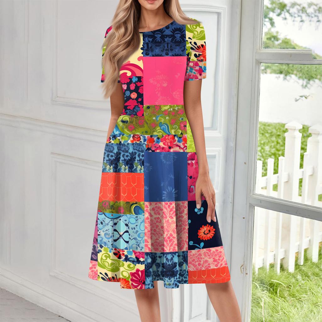 Women Casual Printed Round Neck Short Sleeved Long Dress