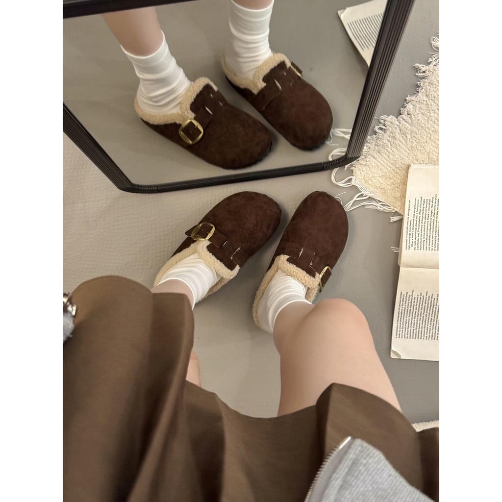 Brown retro heightened thick-soled piled half-drag Birkenstocks women's autumn and winter warm bag head cotton slippers