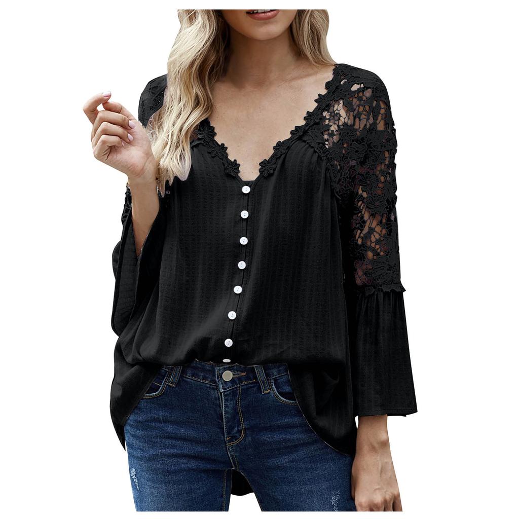 Womens Fashion Hollow Lace Stitching V-neck Flared Long Sleeve T-Shirt Tops