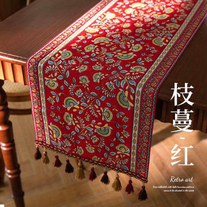 Retro style long tablecloth colored woven jacquard high-end tassel household coffee table tea flag bucket cabinet