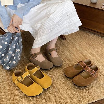 Real Cowhide Round Head Mary Jane Shoes One Pedal Retro Boken Shoes 2025 One Word with Flat Bottom Bag Head Single Shoes Women