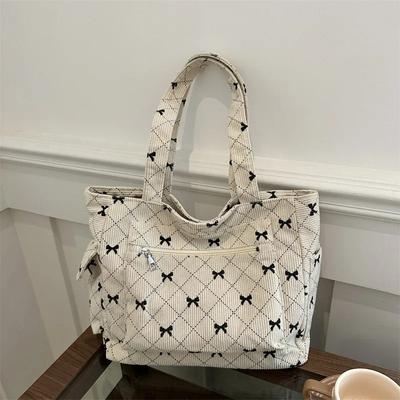 Rhombus Bowknot Print Corduroy Women's Shoulder Bags Large Capacity Multiple Pockets Female Handbag Casual Ladies Tote Bag