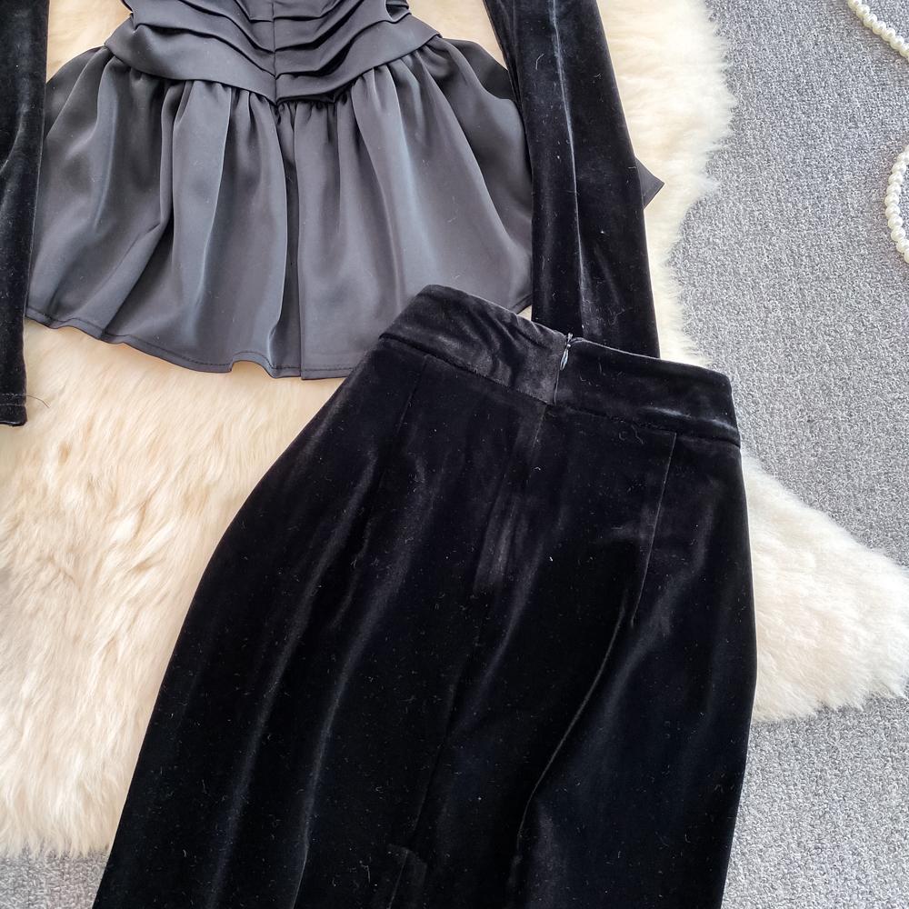 Sweet Casual Two Piece Set Women Ruffles Patchwork Shirts Solid Color High Waist Skirts Suits Autumn Winter Fashion Party Sets