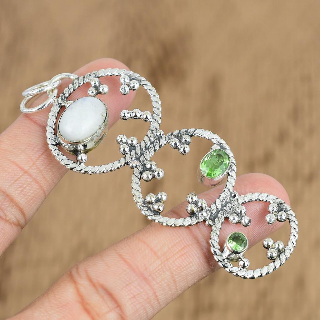 Mothers Day Sale Rainbow Moonstone Stone Peridot Sterling Silver Pendant Jewelry