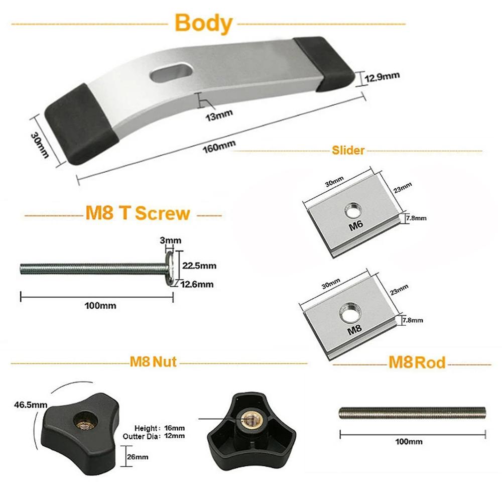 Woodworking T Track Slider M8 T Screw M8 Nut Saw Table Acting Hold Down Clamp for T-Slot T-Track Woodworking DIY Tools