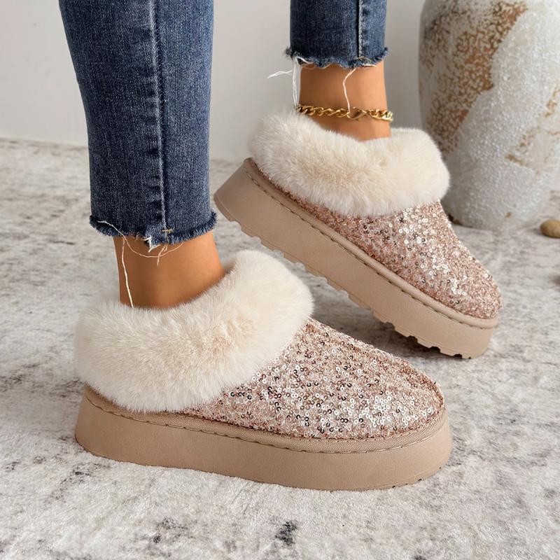 Fashion Luxury Sequined Fabric Non Slip Snow Boots Women 2025 Winter Comfort Fur Thick Bottom Ankle Boots Warm Short Plush Booties