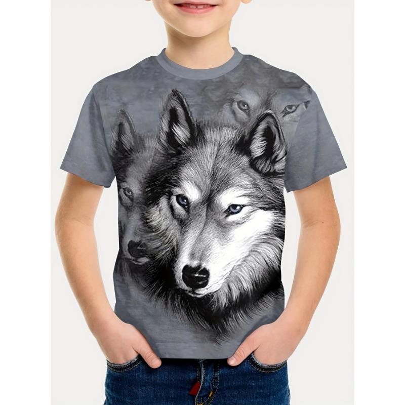 Summer Round Neck 3D Printed Wolf Pattern Top Fashionable Casual Cool Short Sleeved Children's Boy T-shirts