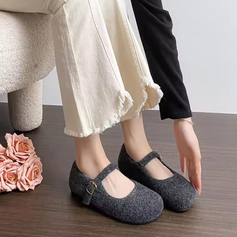 Square Toe Felt Woolen Mary Janes Woman Tabis Flats Cotton Shoes Ladies Winter Strap Buckle Loafers Female Boots Furry Mocasines